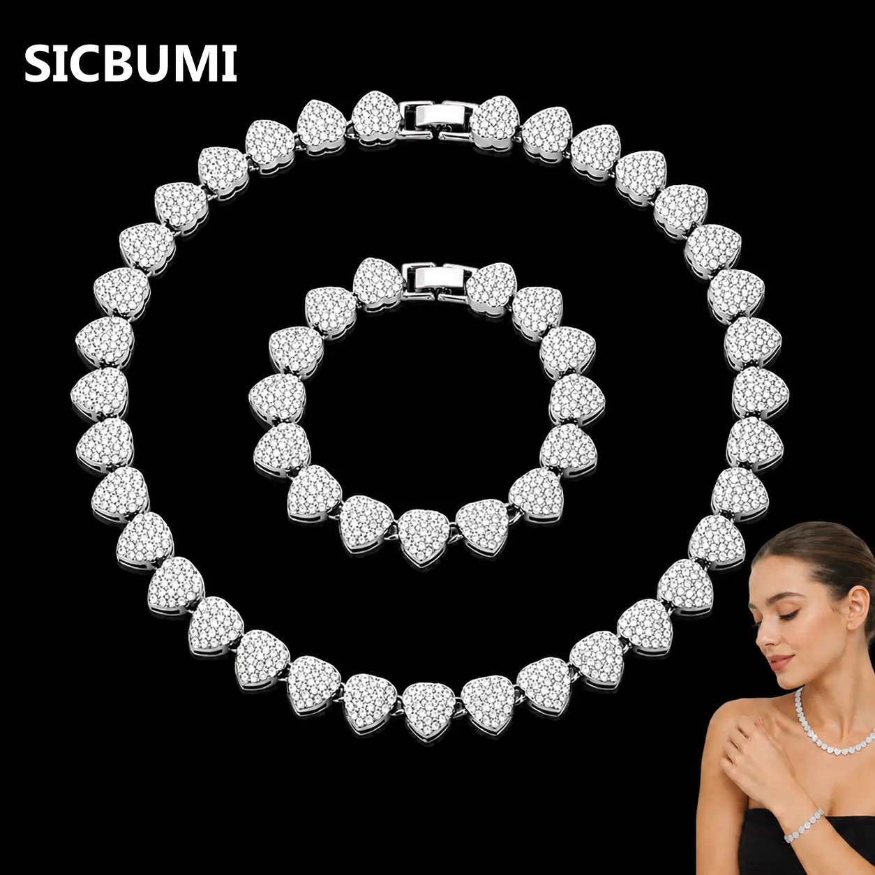 Sicbumi 2PCS Love Heart Shaped Chain Necklace and Bracelet Set for Women and Men, Rhinestone  Cuban Choker & Bracelet, Hip Hop Style Choker Set, Dainty Zirconia Cut Faux Diamond Chain, Luxurious Jewelry Set for Birthday, Everyday & Party Wear