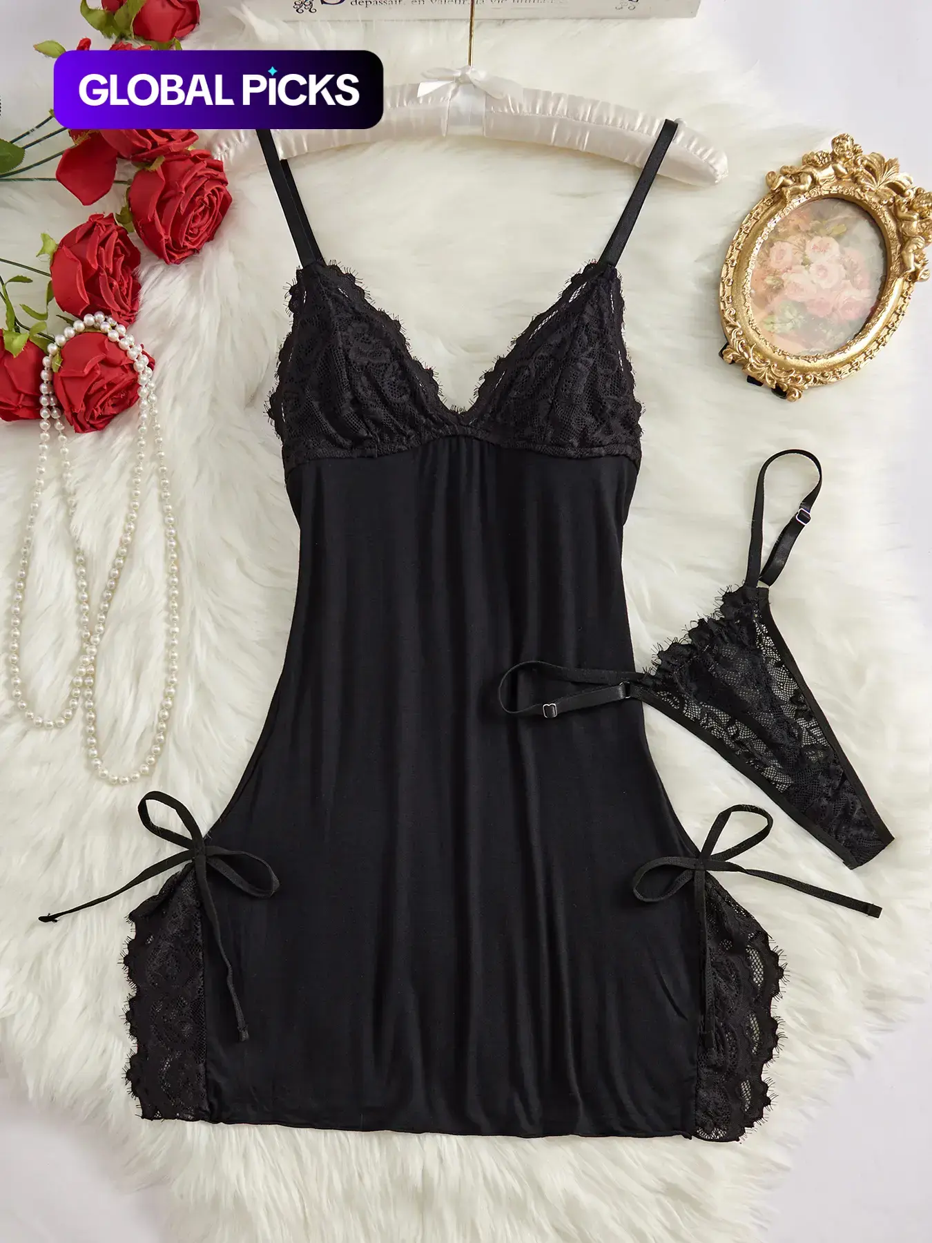 Women's Bow Decor Contrast Lace Spaghetti Strap Cami Fitted Knit Nightdress & Thong Set, Comfy Soft Sexy Underwear Lingerie for All Seasons, Fashion Style Ladies Sleepwear & Homewear Loungewear, Lace Babydoll Nightwear