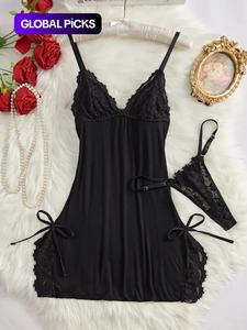 women's bow decor contrast lace cami nightdress sleep dress & thong set, soft elegant adjustable spaghetti strap nightgown and thong set for all seasons, sleepwear for women, women nightwear, pajama sets women, womenswear, loungewear