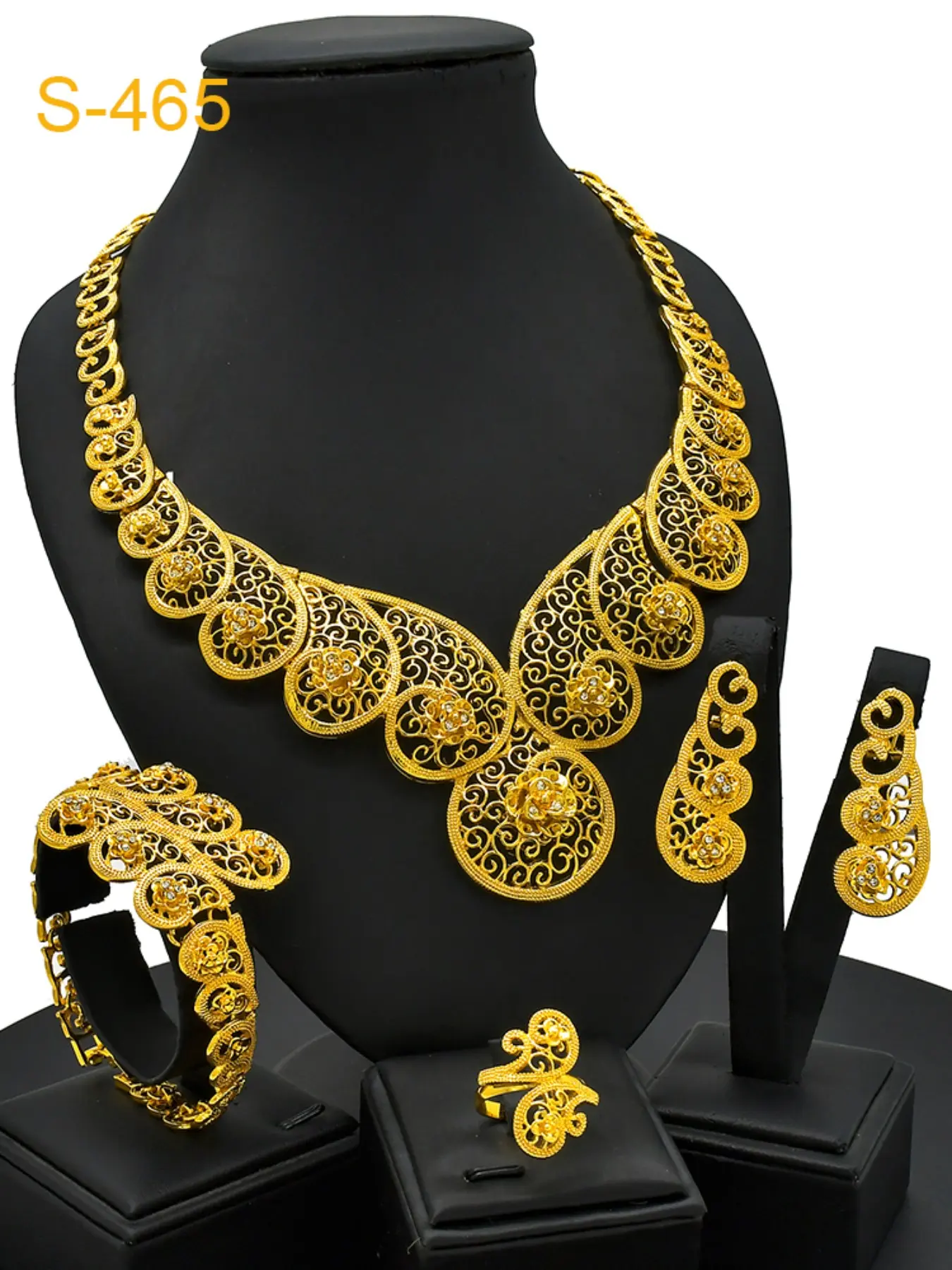 4-Piece Jewelry Set, Floral Design with Crystal, Dubai Arabic Style, Necklace, Bracelet, Ring, Earrings, Elegant Party Accessory
