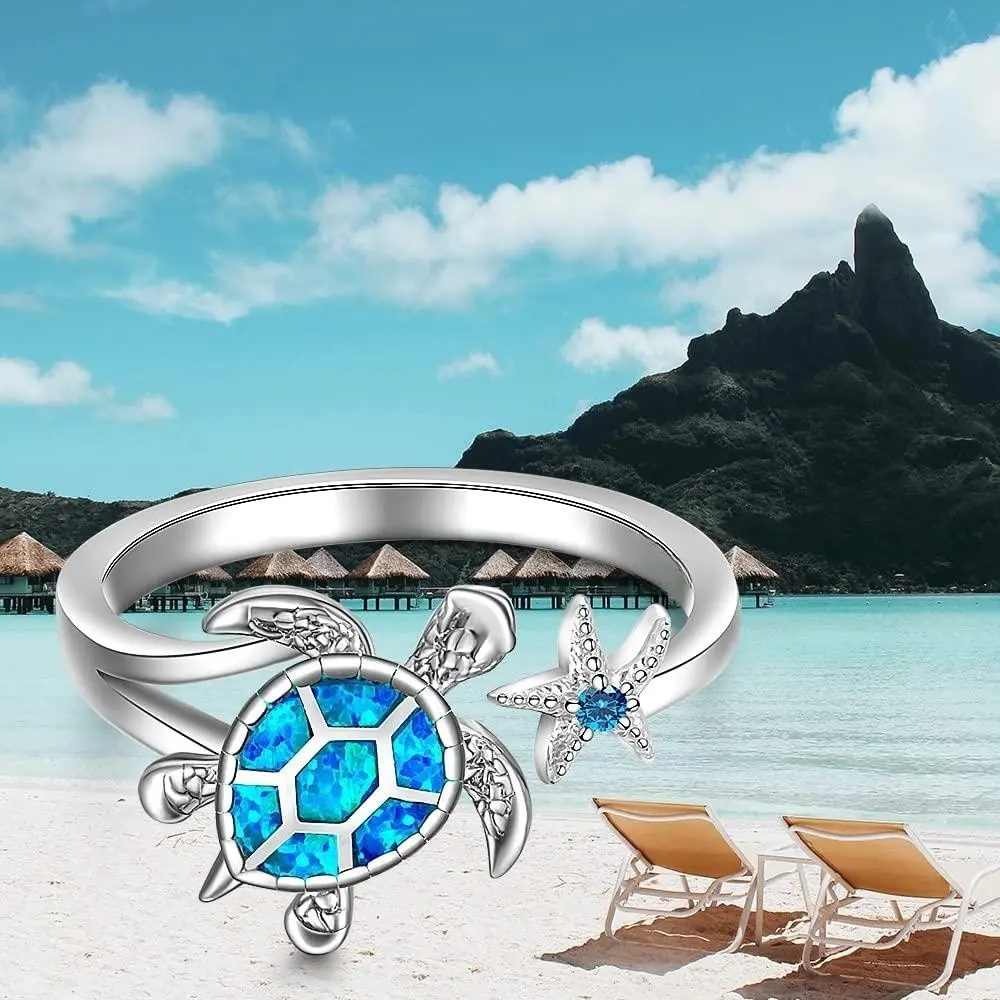 Women's Whimsical Sea Life Turtle&Starfish Design Costume Ring - Female Birthday Gift Ideas Jewelry, Zinc Alloy