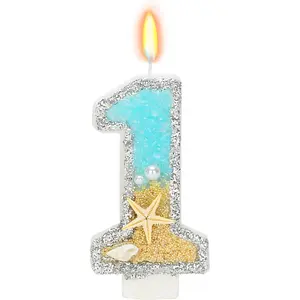 1st Birthday Candle For Cake, Beach Starfish Sequins Candles, 2.76 inch Cake Topper Decoration For Birthday Party (Number 1)