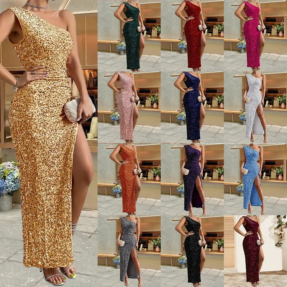 New women's spring fashion sexy sequin one-shoulder sleeveless slit solid color dress easter prom dresses