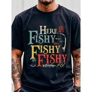 Men's "Here Fishy Fishy" Graphic T-Shirt - 100%25 Cotton Breathable Quick-Dry Crew Neck Tee with Colorful Fishing Design, Lightweight 180gsm All-Season Casual Shirt for Outdoor Enthusiasts, Fishing Gear Menswear Top