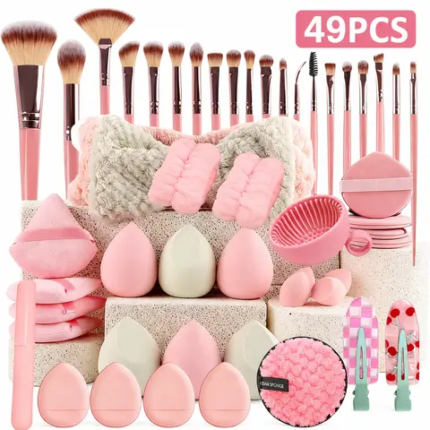 Pink Makeup Brushes Set Professional 49 or 48Pcs with Case Premium Synthetic for Foundation Concealer Blush Eyeshadow Powder Contour Makeup Brush Kit Face Eye Make up Brushes & Tools,Cosmetic Travel Bags Gift Set for Women