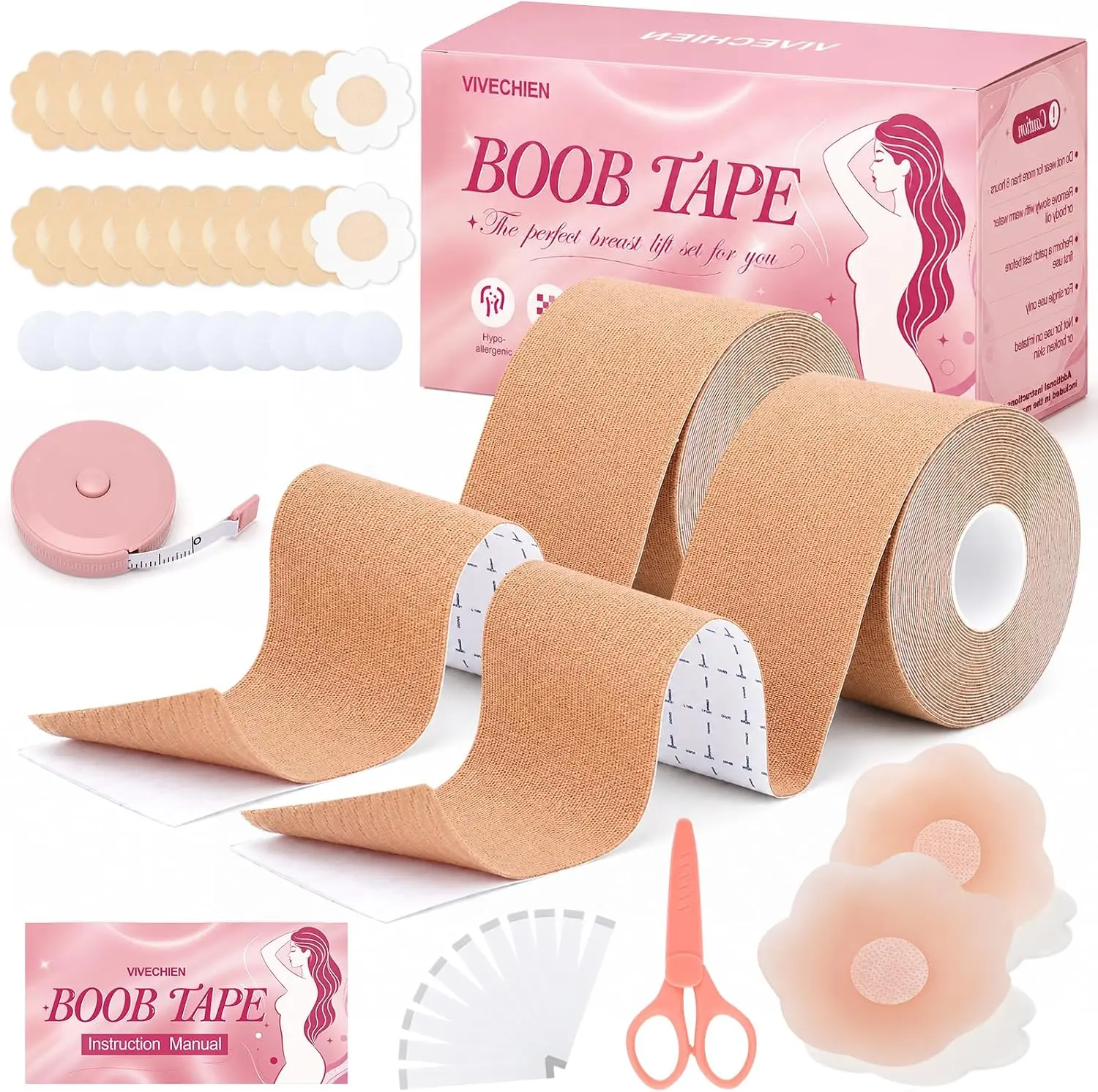 Boob Tape Kit for Breast Lift, 2 Rolls Breast Tape with Nipple Covers & Double Sided Fashion Tape, Strong Hold Tape for A-G Cup Beige
