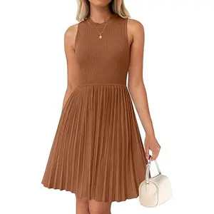 ZESICA Women's Summer Sleeveless Mini Dress 2026 Crewneck Knit A Line Pleated Swing Casual Basic Short Dress