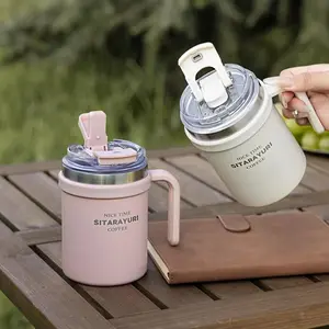 Style Dual-Drink Coffee Cup, Stainless Steel Insulated Large Capacity Water Bottle with Handle, Leakproof Portable Office Car Mug, Mother's Day Gift, Insulated Tumbler