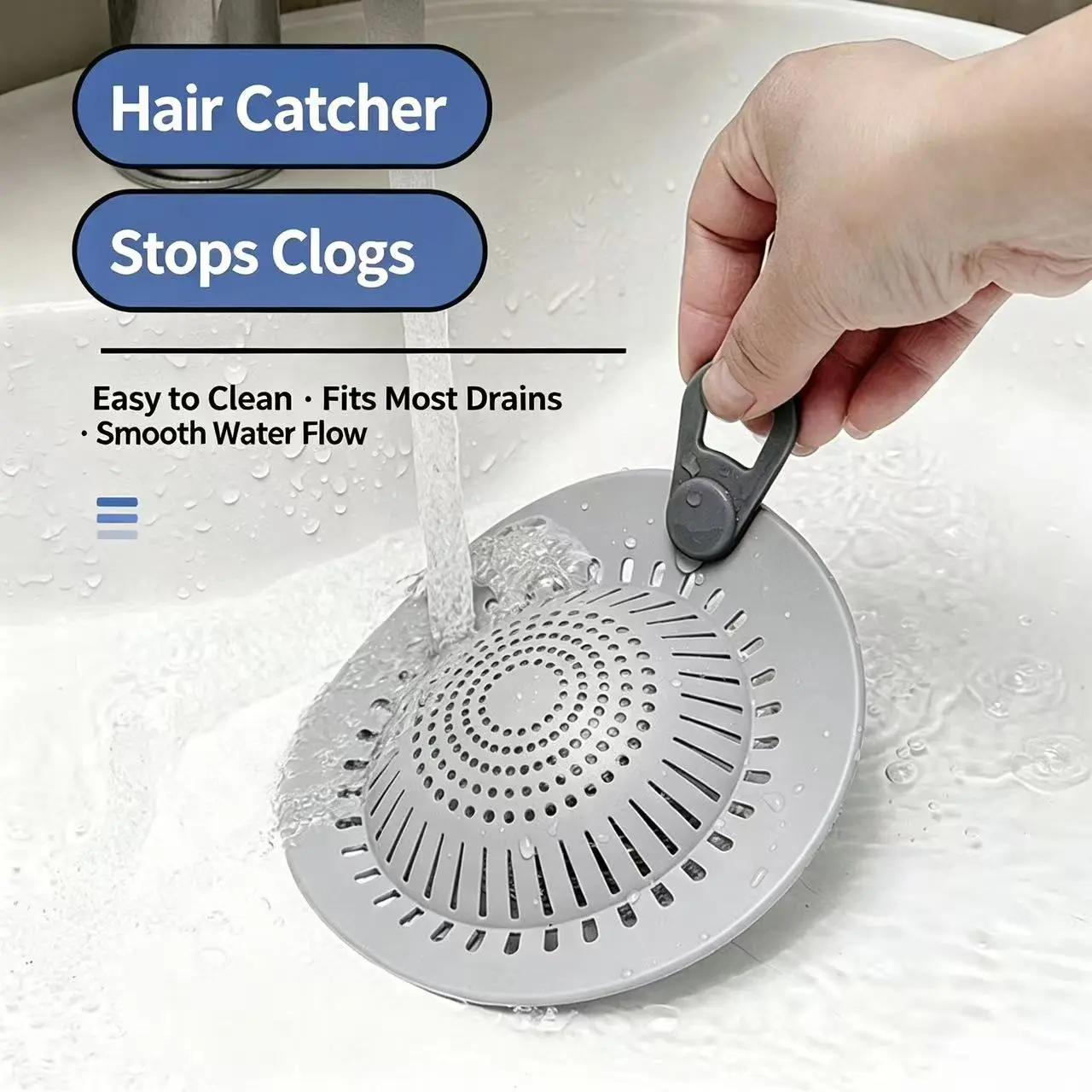 Hair Catcher Silicone Drain Hair Catcher, Flexible Shower Drain Cover Strainer with Easy Lift Handle, Hair & Debris Catcher for Bathtub, Bathroom Sink, Shower and Utility Sink, Gray