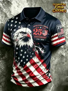 Patriotic American flag men's polo shirt with bald eagle print, commemorating the 250th anniversary of the American Revolution (1776). A polo shirt gift for July 4th, 2026, Menswear Fashion