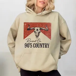 Vintage Raised On 90S Country Music Bull Skull Western Hoodie Breathable Sweatshirts