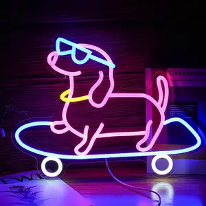 Skateboard Dachshund Neon Sign, LED Dog Wall Light with Dimmer, Cute Sausage Dog Neon Light for Bedroom, Kids Room, Game Room, Bar, or Living Room Decor, USB Powered Wall Art Sign, Perfect Gift for Dog Lovers, Boys, Girls, Teens, Birthday, or Christmas