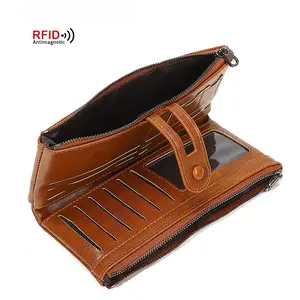 Retro Zipper Long Wallet For Ladies, RFID Blocking Anti Magnetic Oil Wax PU Leather Clutch, Multi Functional Portable Hand Purse, Classic Stylish Lightweight Card Cash Holder For Shopping Dating Travel Daily Life