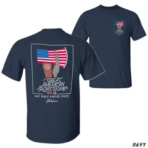 Hook & Irons American Axes T-Shirt, Patriotic Graphic Tee Featuring Firefighter Tools & US Flag, “We Only Knock Once” Slogan Shirt, Bold Tribute Apparel for First Responders & Heroes