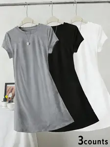 3 PCS Solid Color T-Shirt Dresses for Women, Y2K Aesthetic Short Sleeve Slim Fit A-Line Mini Dresses,Perfect for Daily Wear, School, Shopping, Date Night, Versatile Street Style for Teen Girls, Gen Z Fashion Lovers