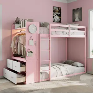 Pink Twin Over Twin Wood Floor Bunk Bed - Modern Dorms Furniture with 4 Storage Drawers, Hanging Rail, LED Light Strip, Built-in Shelves, Dual Pegboards, 77.8" L x 57.1" W x 69.6" H, 78.27 × 13.46 × 6.54 Inches