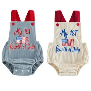 Infant Baby Boys Girls 4th of July Jumpsuit Letter Flag Embroidery Sleeveless Romper Cute Overalls Summer 0-18 Months