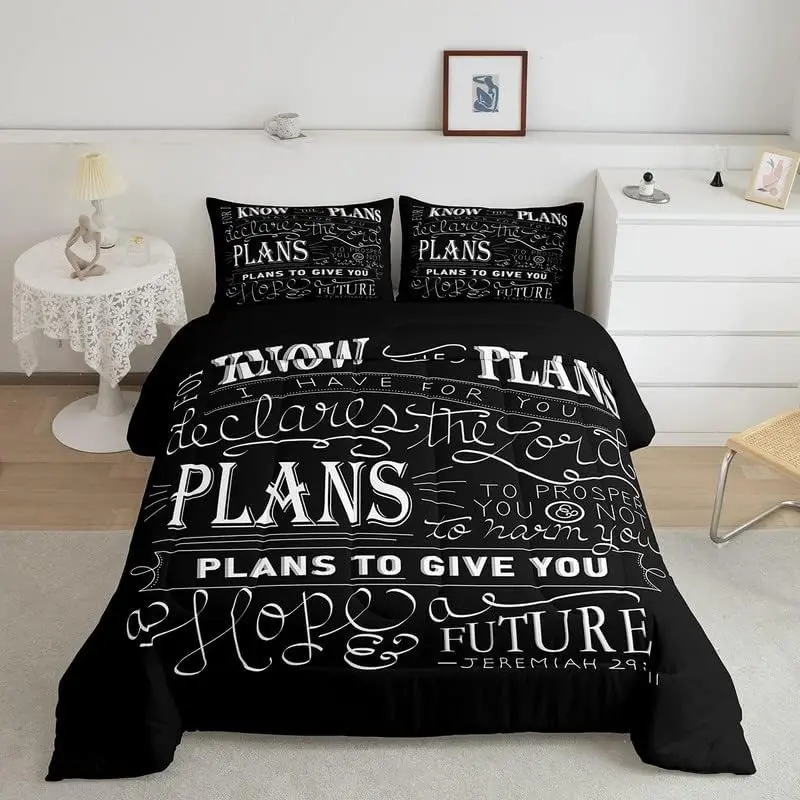 Feelyou Queen Size Christian Jeremiah Bible Verse Digital Print Microfiber Black Duvet Set - 2 Pillow Cases, Breathable Modern Smooth Texture Multi-Size Bedroom Bedding Set