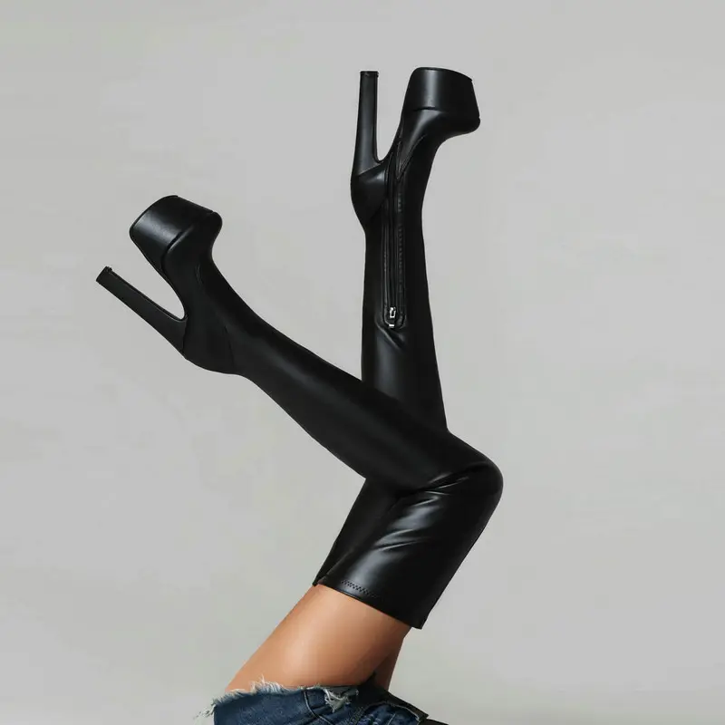 Women's Black Over-the-Knee Fashion Boots - Thick Platform Sole, Waterproof Heel, Slim High Heels, Side Zipper, Leg-Elongating Design for Nightclub Parties
