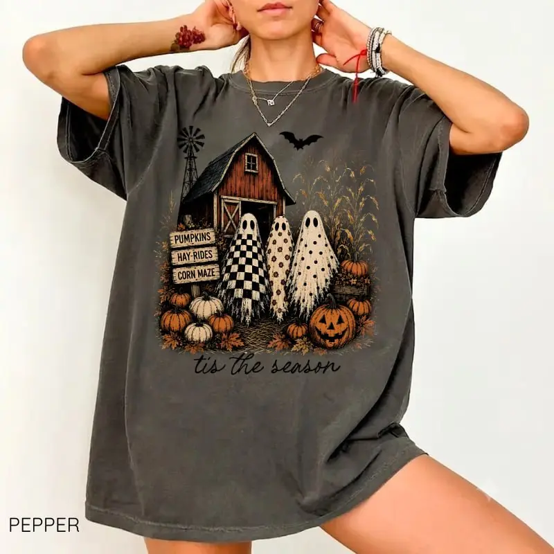 Comfort Colors Tis The Season T-Shirt, Vintage Halloween Ghost Shirt, Spooky Season Tee, Fall Farm Graphic, For Woman, Womenswear's Top Vintage