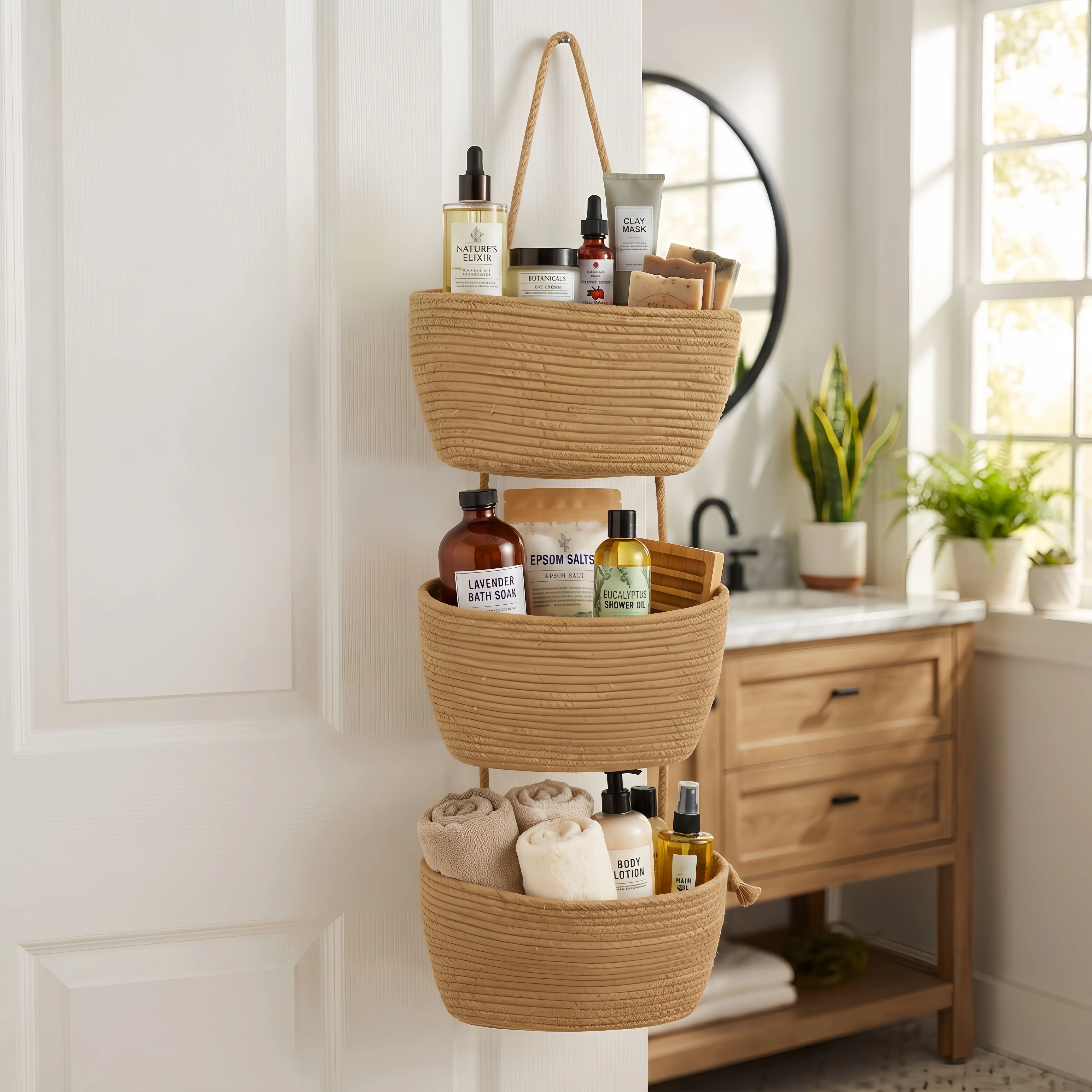 Dahey 3-Tier Boho Jute Weave & White Woven Over-The-Door Hanging Basket with Hooks - Home Wall-Mounted Organizer for Indoor Use, Room Decor, Pantry
