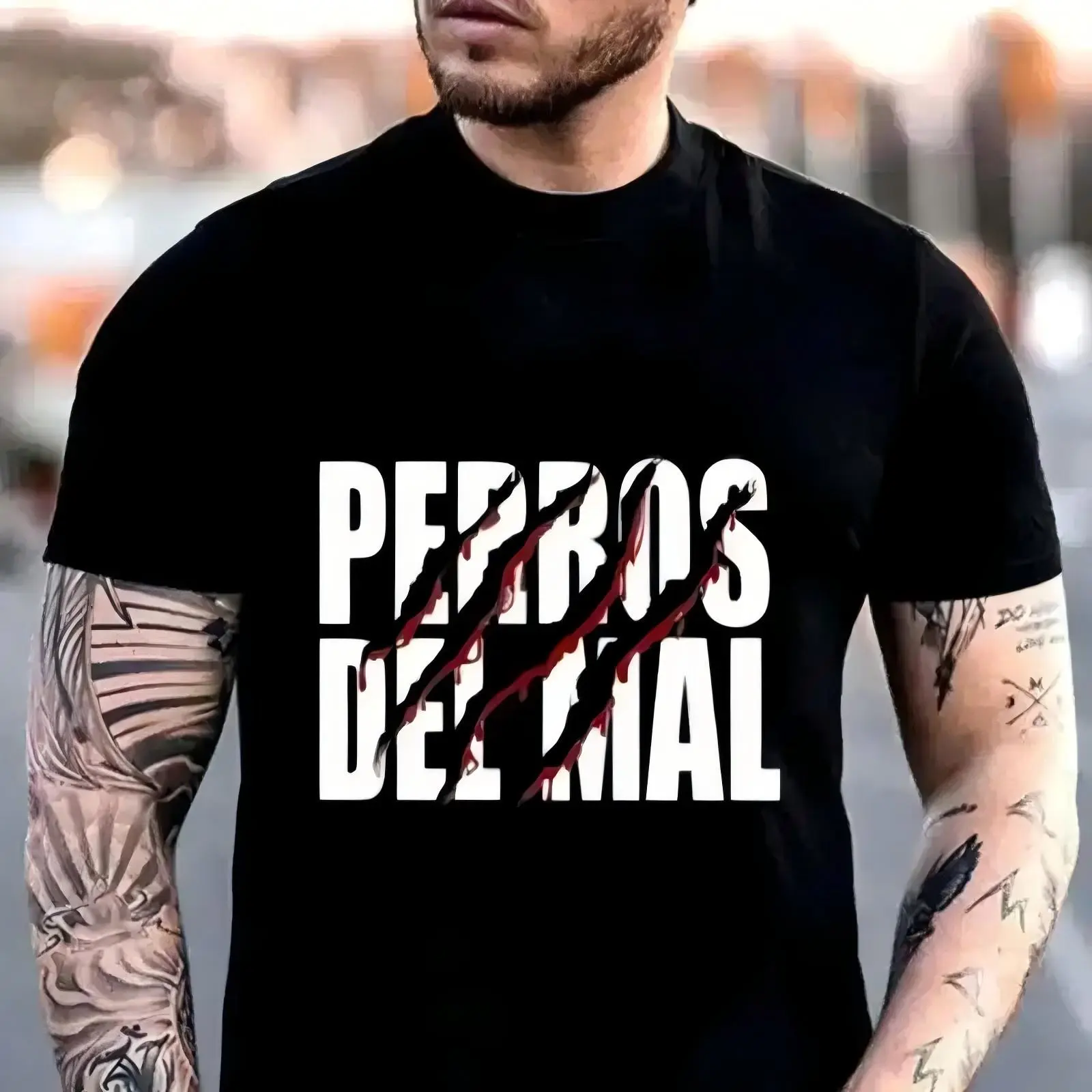 Men's Loose-Fit Short-Sleeve Round Neck Casual T-Shirt - PERROS DEL MAL Printed Streetwear Top for Him, Ideal for Couple Style Daily Outfits