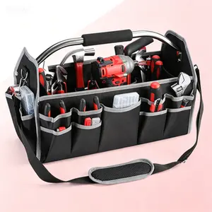 Professional Tool Bag with 26 Pockets, Heavy-Duty Open Top Organizer for Electricians, Steel Handle and Detachable Shoulder Strap, Multi-Pocket Storage for Numerous Tools, Durable Construction with Removable Strap