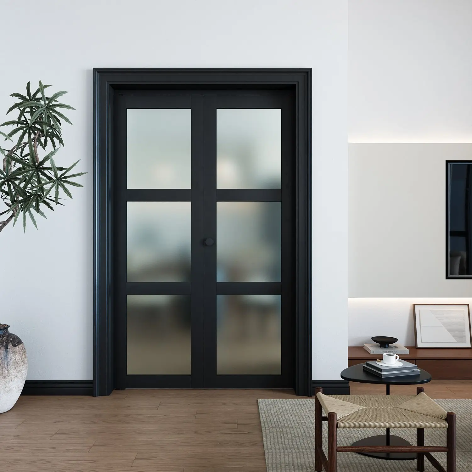 3-Lite Frosted Glass Bifold Closet Door - Black PVC Surface, MDF Core, Elegant White Aesthetic, Integrated Silent Track System, Hardware Kit, Pre-Drilled Holes, Easy Assembly, Manual Included for Laundry Closet & Doors, Pantry