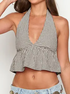 Plaid Sexy Deep V Neck Strap Backless Top, Casual Slim-Fitting Tank Top, Solid Pattern, No Button Collar Zipper, Women's Clothing