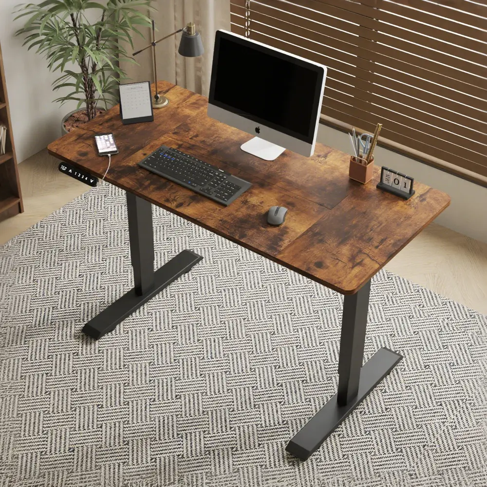 Electric Standing Desk 48x24 Inch Height Adjustable Computer Table with USB-C Port, Memory Controller, Steel Frame, Laminated Top for Home Office Gaming, Brown