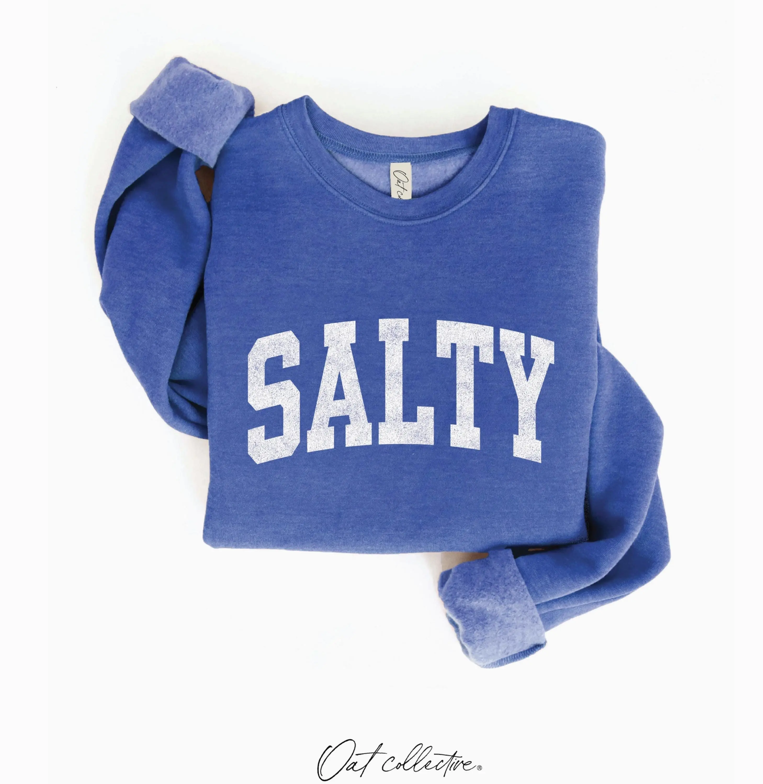 Salty Mid Cropped Length Graphic Fleece Pullover Relaxed Fit, Salty Sweatshirt, Beach Lover Giftful, Summer Crewneck Vacation Sweatshirt