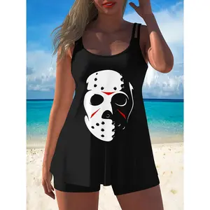 Retro horror movie style printed two-piece tankini swimsuit, elastic swim top and tummy-covering swim bottoms