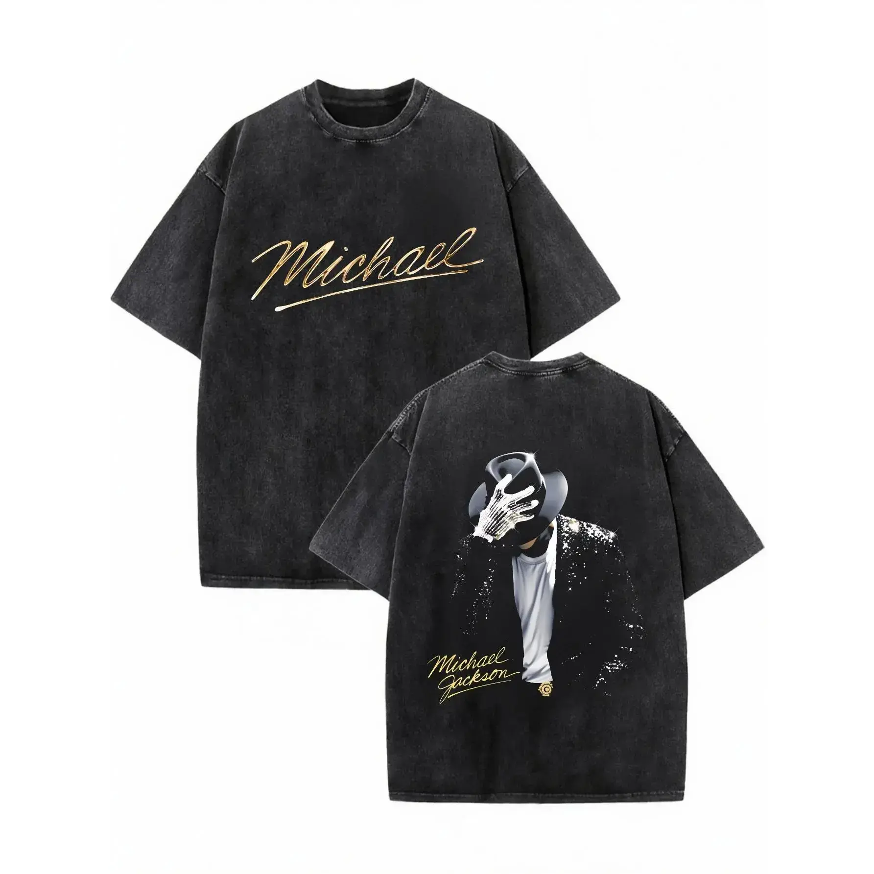 [KM 100%cotton]Washed T-shirt,100% cotton, featuring Michael Jackson's iconic signature and classic pose patterns. Suitable for summer streetwear. Retro street style. # Michael Jackson # # Jafar Jackson # # Biography Film # # Musical Legend #   funny