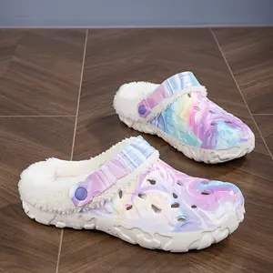 Comfortable Plush Lined Women's Graffiti Pattern Clogs, Casual Hollow Out Design Garden Shoes