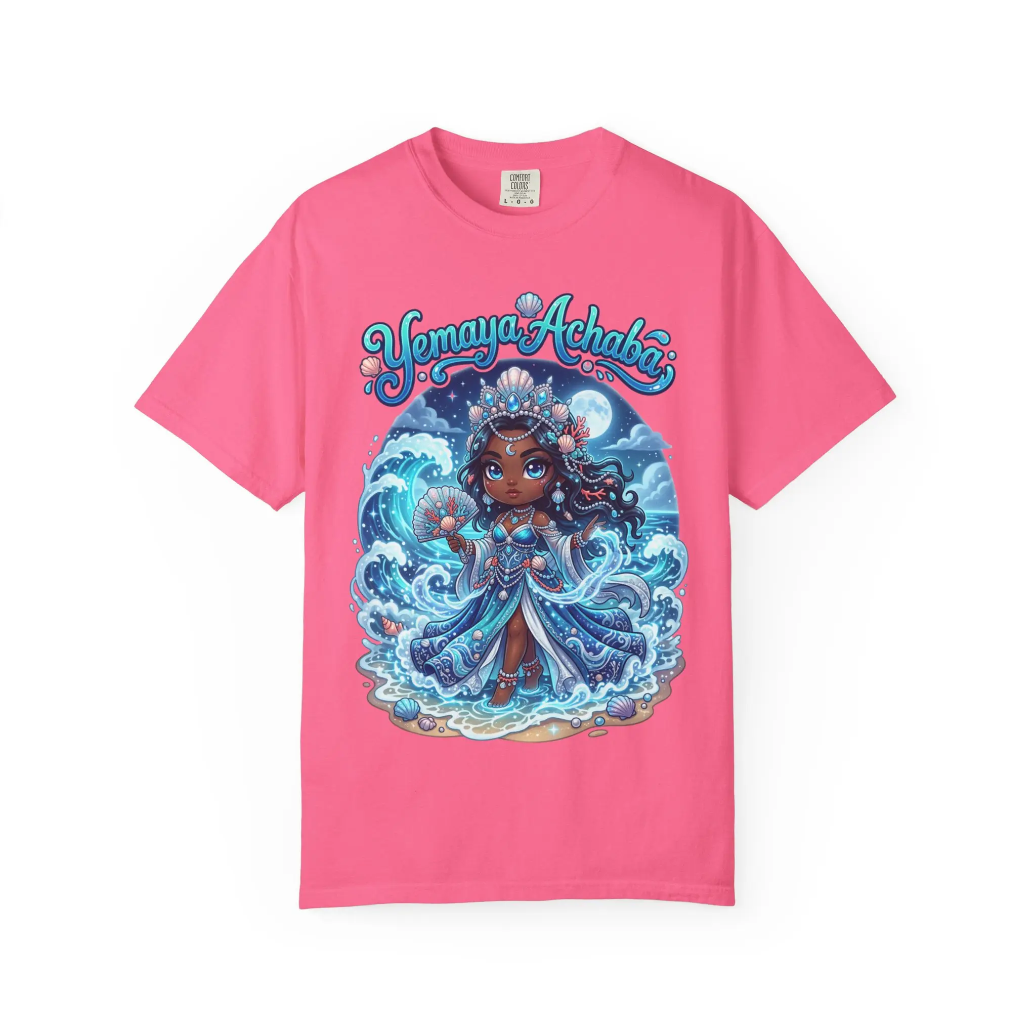 Menswear Short-Sleeve Round Neck Yemaya Graphic Tee - Heavyweight Ring-Spun Pre-Shrunken Cotton, Unisex Relaxed Fit, Ocean Goddess Starlight Print, Double-Stitched Edges