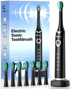 Electric Toothbrush for Adults, Sonic Rechargeable Toothbrush with 5 Brush Heads, 330-Day Battery, 5 Cleaning Modes & 2-Min Timer, Travel-Friendly Ultra Clean Design – Black