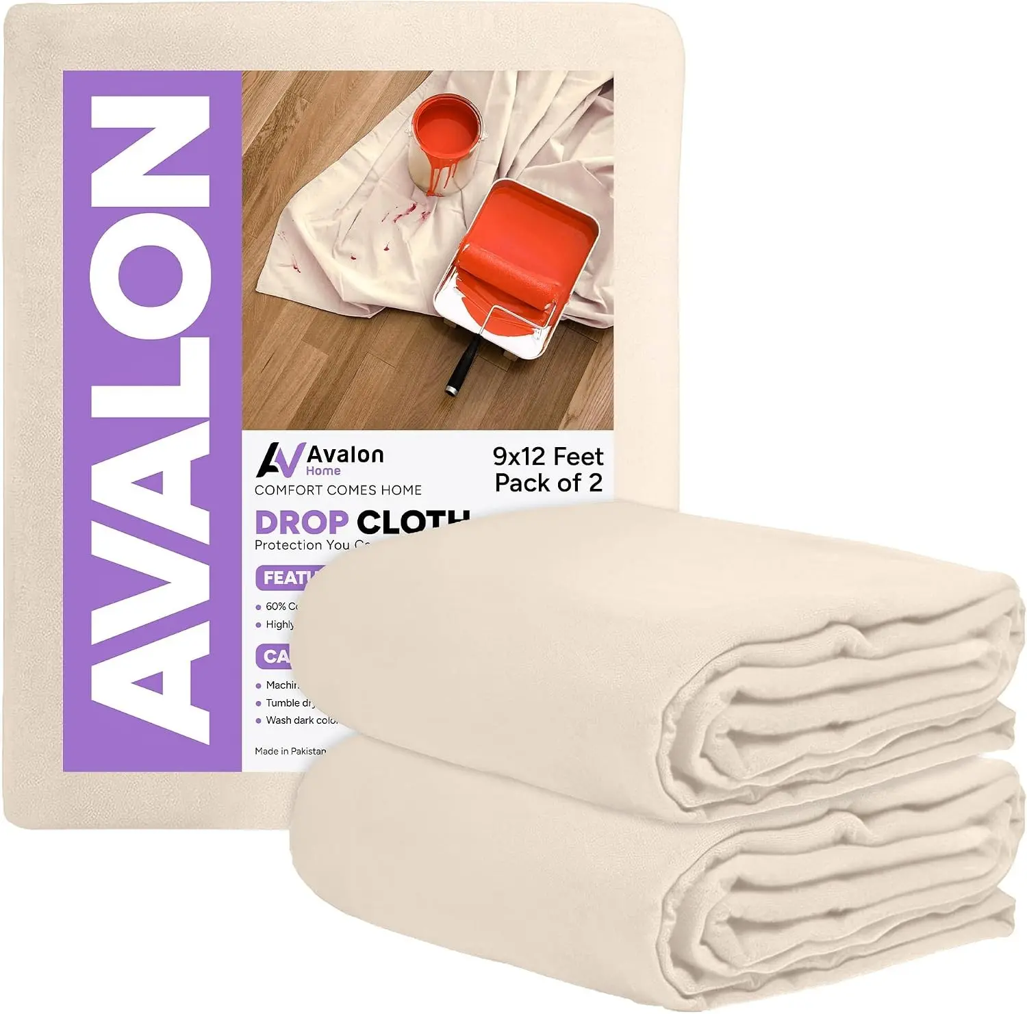 Canvas Drop Cloth for Painting 9x12 feet Pack of 2-8oz Painters Drop Cloths for Painting - All Purpose Canvas Tarps for Floor & Furniture Protection - Recycled Cotton Fabric