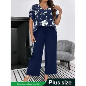 Plus Size Floral Print Co-ord Set, Elegant Batwing Sleeve Blouse & Elastic Waist Pants Set for Daily Wear, Women's Two-piece Outfits for Summer