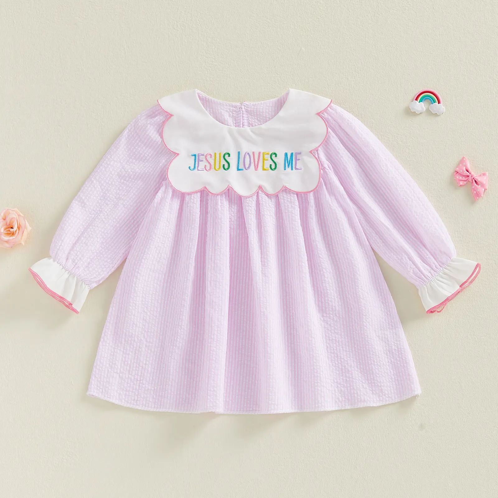 Toddler Baby Little Girls Easter Dress Cute Letters Embroidery Long Bubble Sleeve Striped Dress Spring Summer 1-7 Years