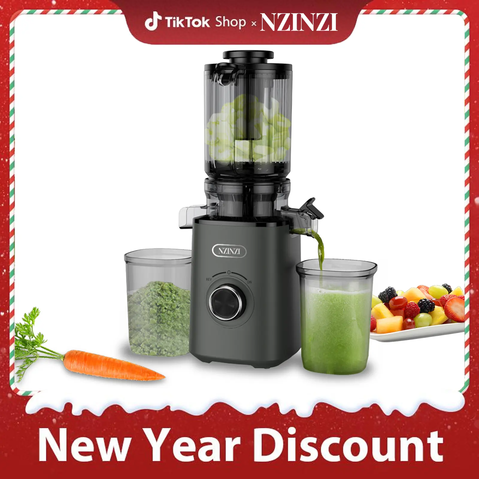 NZINZI 4.5-inch Cold Press Juicer with Slow Grinding Functionality for Whole Fruits Vegetables Automatic Feeding Quiet Motor Pulp Separation Easy Clean Compact Design Ideal for Family Use large feed opening