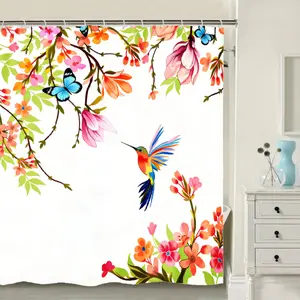 Watercolor Hummingbird Floral Shower Curtain, Spring Shower Curtain Peach Blossom Butterfly Bird Art Bathroom Curtains Decor, Waterproof Polyester Fabric Bath Curtain Set with Hooks