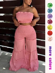 Women's Frill Trim Shirred Flare Leg Pants Set, Boho Casual Crop Tube Top & High Waist Trousers for Beach Holiday Vacation, Ladies Summer Clothes