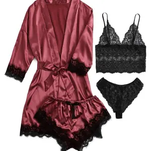 Women's 4 Piece Satin Lace Lingerie Set - Pink Robe, Cami Top, Shorts & Thong Pajama Set for Sleep & Lounge