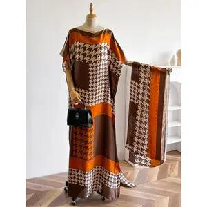 Women's Houndstooth Print Long Robe Set with Shawl, Satin Scarf & Headband, Boho Style Lightweight Cover Up, Sun Protective Beachwear for Summer Swimming & Vacation