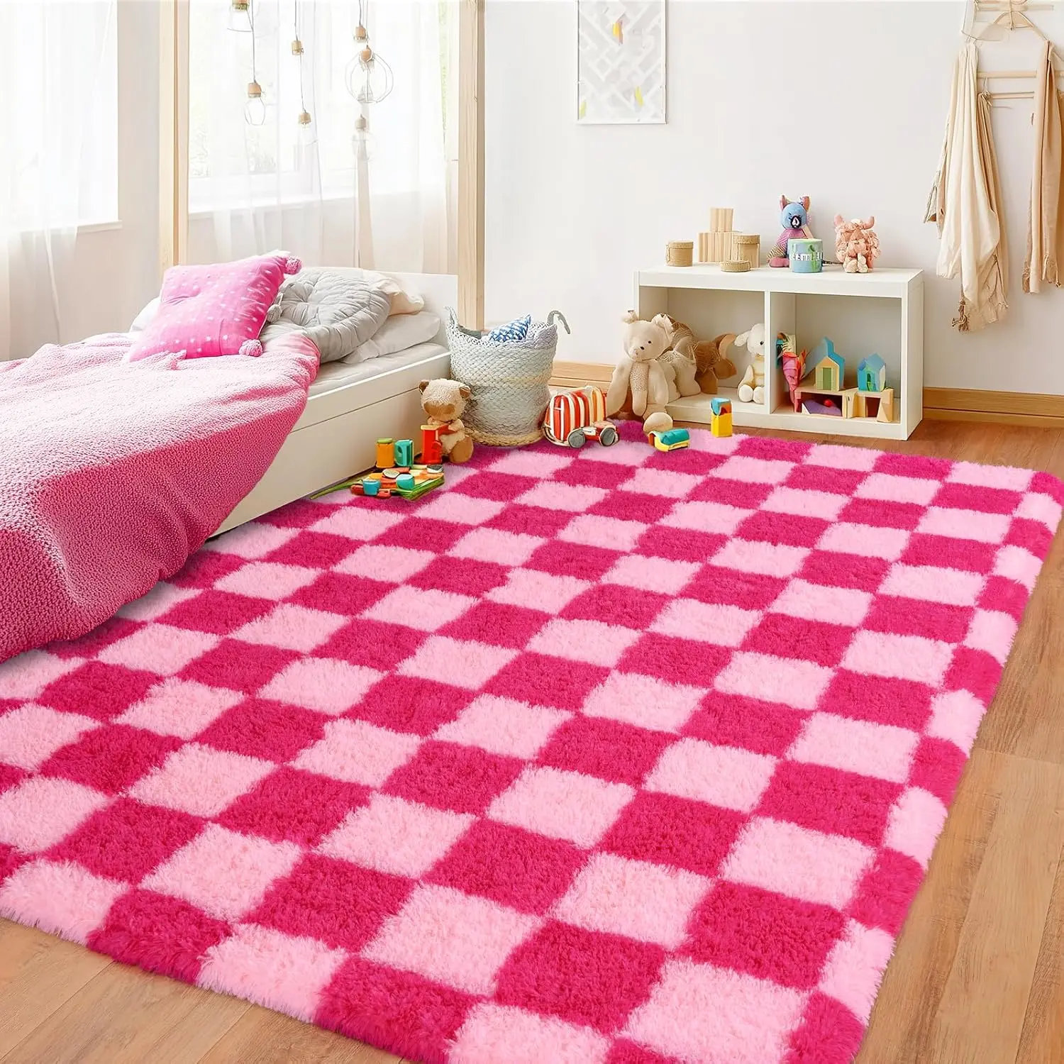 WISH TREE Ultra Fluffy Shag Checkered Decorative Rug - Non-Slip Modern Plush Carpet for Bedroom, Kids’ Room | Fall Home Refresh