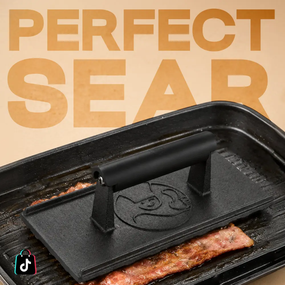 Gourmet Easy Cast Iron Grill Press, Heavy Duty Smash Burger Press w/Heat Resistant Handle, Burger Smasher, Hamburger, Bacon & Meat Press for Griddle