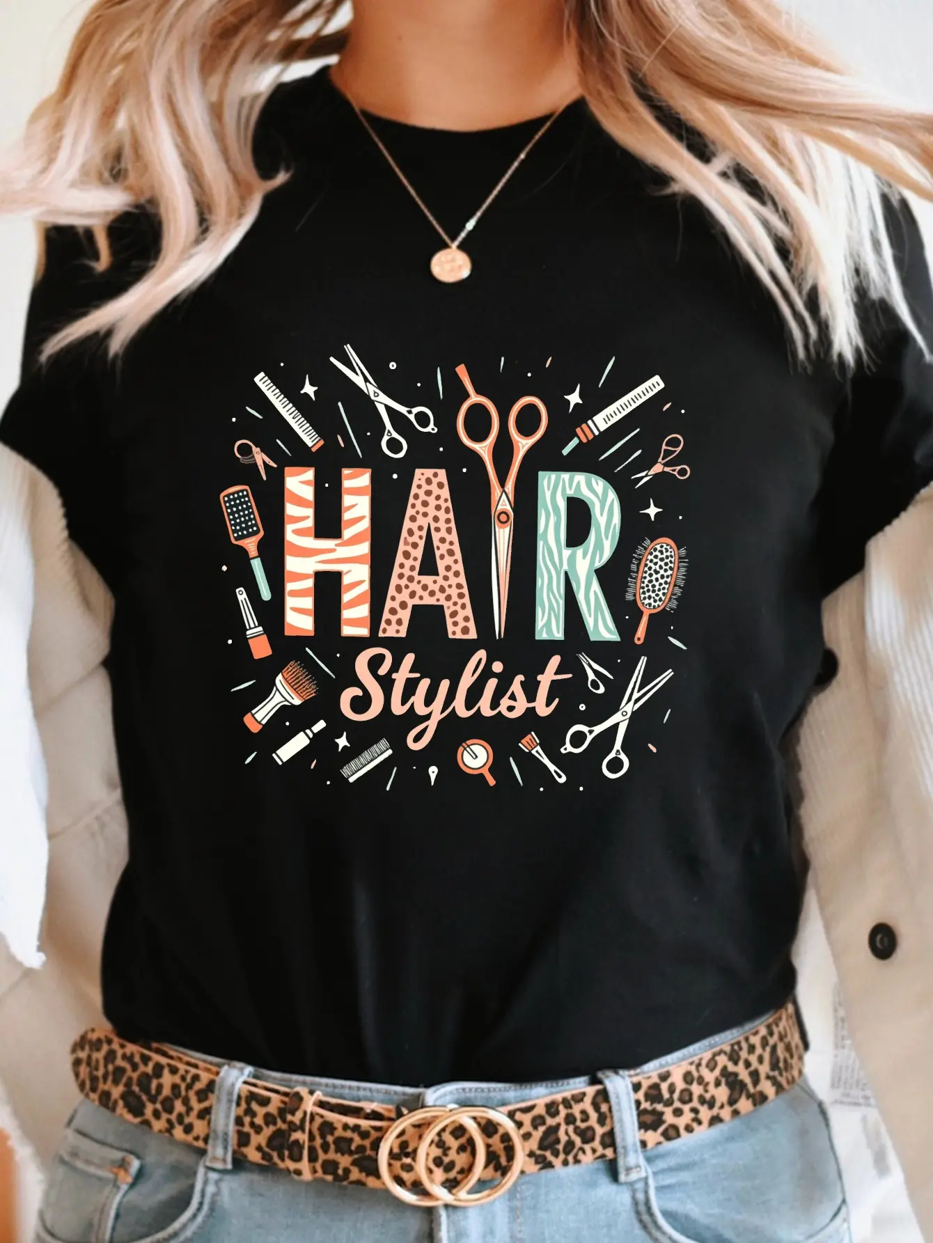 Women's HAIR Stylist Graphic Print T-Shirt - Short Sleeve Crew Neck Casual Top with Vibrant Hair Tools Design, Medium Stretch & Machine Washable, All-Season Comfort for Summer & Spring, Salon Apparel, Playful Graphic Tee