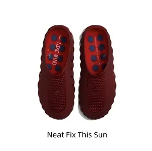 Dark Red Perforated Slide Sandals, Wave Wavy Edge Outsole Massage Dot Insole Breathable Mesh Vamp Slip On Casual Beach Slides For Men Women