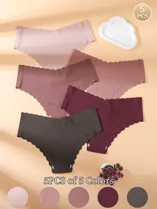 Women's Seamless Comfortable Panties, Breathable Panty, V-Shaped Pull-Up Waist Design, Plain Pattern, All Season Wear, Casual Style, Wave Hem Cutout, Fit, Underwear, Womenswear
