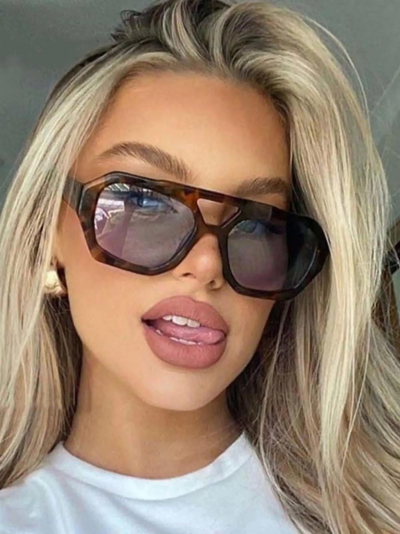 Retro Tinted Lenses Double Bridge Sunglasses for Everyday Use, Summer Geometric Frame Tortoiseshell Fashion Sunglasses, Travel Accessories Suitable fo